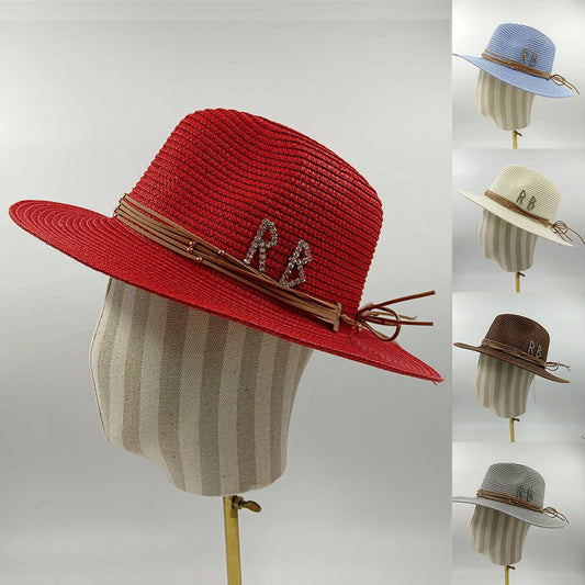 2023 RB כובעי קש Rhinestone כובעי הקיץ של נשים פנמה כובע ג'אז רחב שוליים אופנה צבעונית חוף חוף כובע מגן כובע מגן