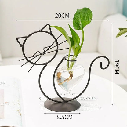 Simple Cat Iron Flower Machine Heart-Shaped Hydroponics Vase Creative Home Living Room Dining Table Decoration
