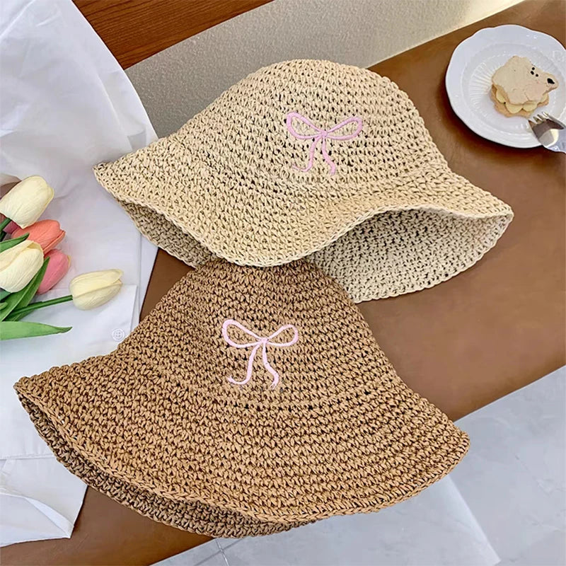Women's Bow Kont Straw Hat Japanese Y2K Fashions UV Sunscreen Beach Hat Weave Bucket Hat Female Sun Cap Beach Accessories
