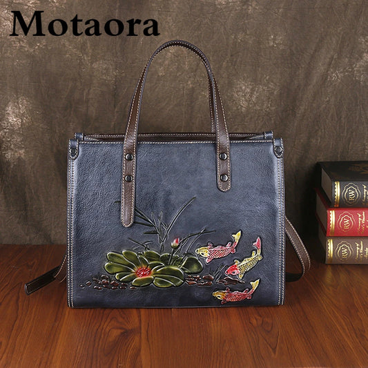 Motaora vintage taske luksus ægte læder håndtaske til kvinder håndlavede præget totalposer vintage kinesisk stil skulder taske damer