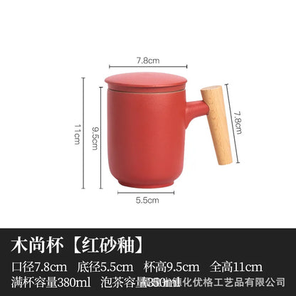 380ml Teacup Mugs With Dustproof Lid Tea Filter Heat Resistant Tea Infuser Coffee Cup Infuser Filter Wooden Handle Personal Mug