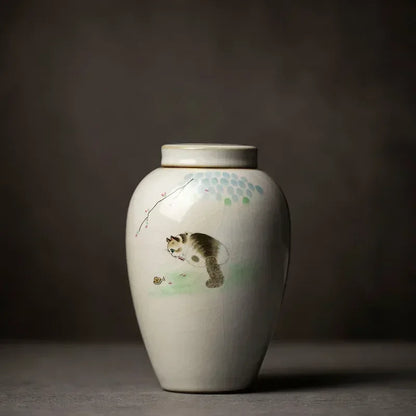 Retro Ru Kiln Ceramics Tea Caddy Cute Cat Pattern Portable Sealed Tea Leaf Containers Travel Tea Bag Storage Box Spice Organizer
