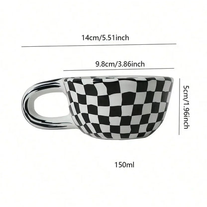 1pc Creative ceramic checkered pattern tea cup, irregular chessboard coffee cup