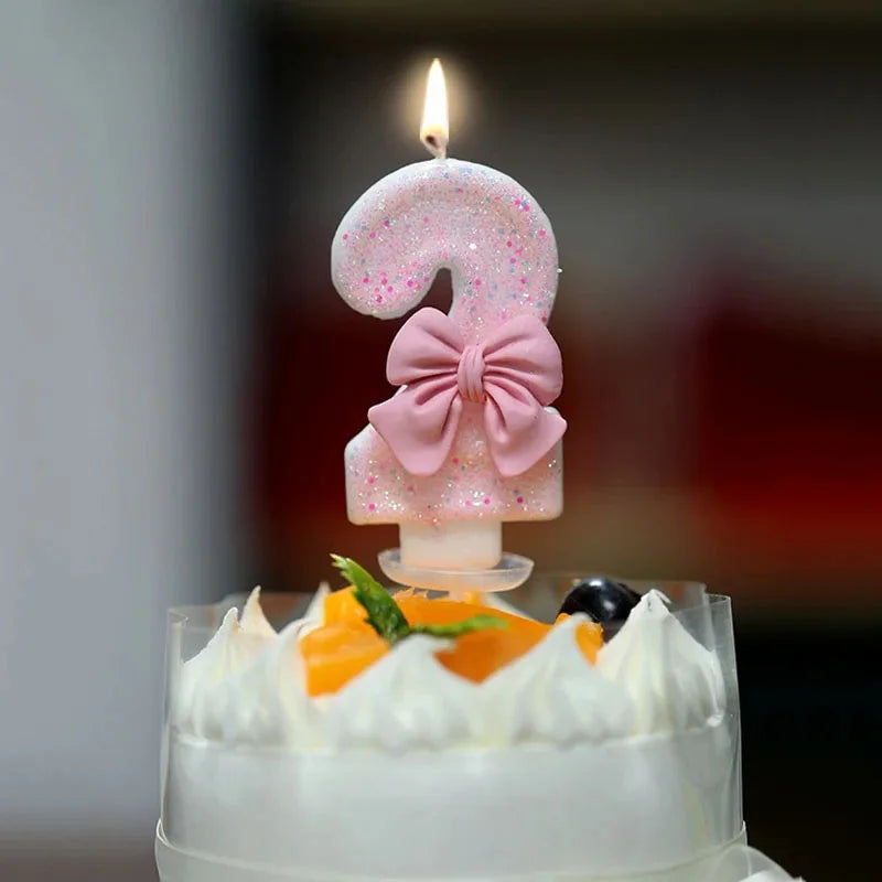 Vaaleanpunainen 3D -numero kakku sisustus kynttilöitä söpö vaaleanpunainen keula Candles Cake topper syntymäpäiväjuhlia muistopäiväjuhlat kakku sisustus