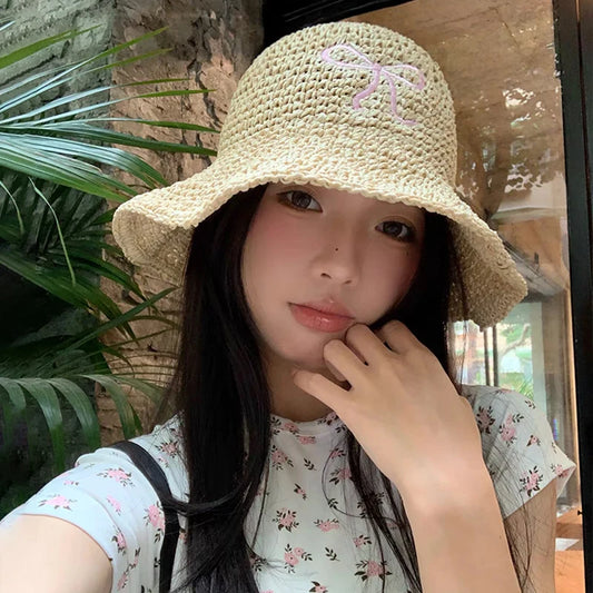 Women's Bow Kont Straw Hat Japanese Y2K Fashions UV Sunscreen Beach Hat Weave Bucket Hat Female Sun Cap Beach Accessories