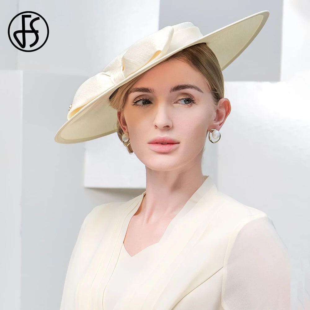 FS Elegant Wide Brim Ivory Hats for Women Big Bow Formell anledning Kentucky Cap Lady Wedding Cocktail Party Flat Top Fedoras 2024