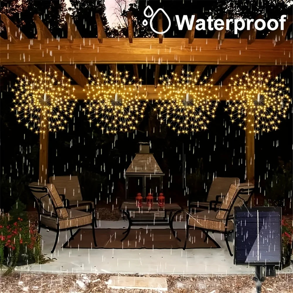 Drita e pezulluar e fishekzjarreve diellore 360/480 LED Star shpërthen dritë në natyrë të papërshkueshëm nga uji 8Mode Eave Garden Tree Christmas Drita dekorative