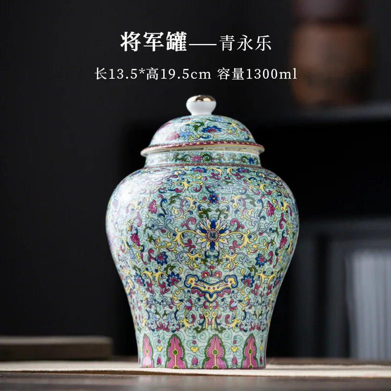 European Style Colored Ceramic Tea Caddy Large Sealed Candy Jar Tabletop Flower Vase Household Coffee Beans and Nuts Storage Box