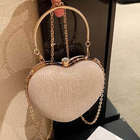 Sacca da sera della borsa da donna sacca lucida borsetta a forma di cuore frizioni in metallo tana catena di moda spalla borse da donna di lusso