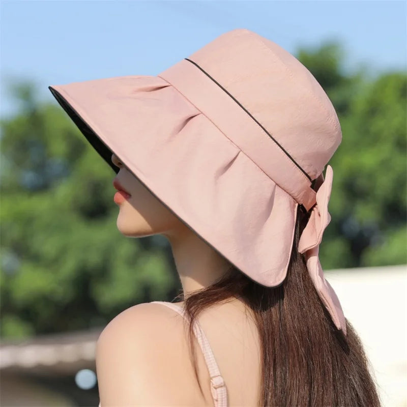 Sun Hat with UV Protection, Wide Brim, Korean Version, Sweet, Sun Hat for Women in Summer, Sunscreen and Versatile, Bowknot Hat