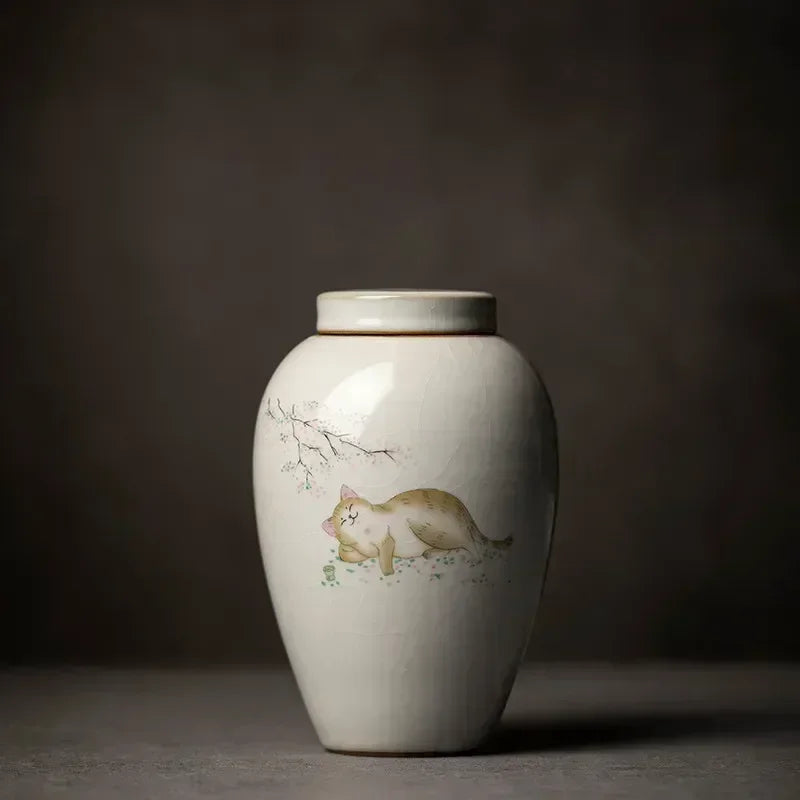 Retro Ru Kiln Ceramics Tea Caddy Cute Cat Pattern Portable Sealed Tea Leaf Containers Travel Tea Bag Storage Box Spice Organizer