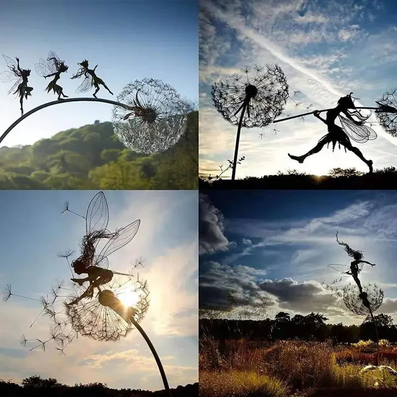 Pixies Fairy Garden Skulpturen Stake Feen und Löwenzahn Tanzen zusammen Landschaft Metall Miniatur Figur Rasen dekorativ