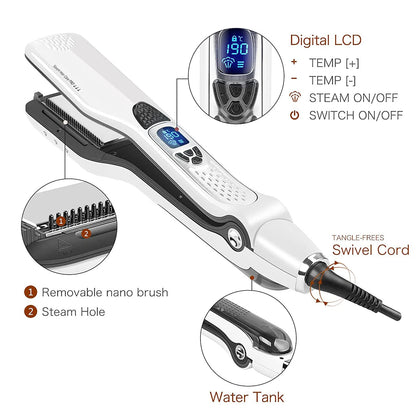 Elektrisk damphår glattejern Professionel keramisk bredt hår Curling Flat Iron Hair Plates LCD Display Hot Comb Indretning