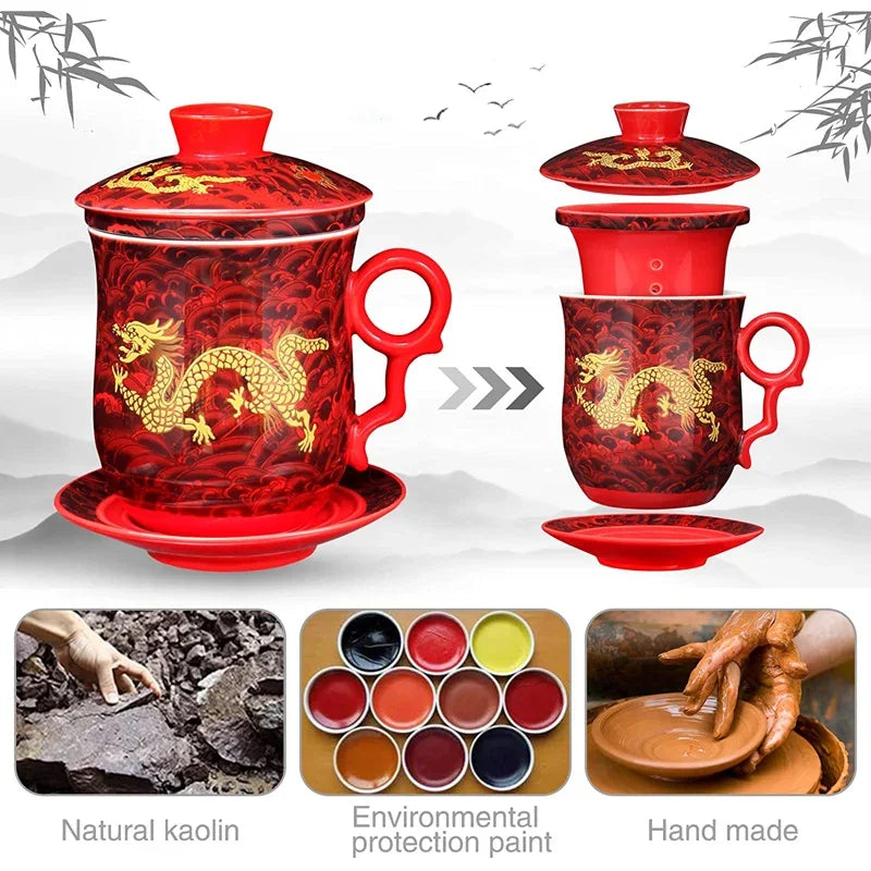 Chinese Dragon Pattern Tea-Mug with Strainer Infuser and Lid and Saucer Ceramic Tea Mug Convenient  Porcelain Personal Tea Cup