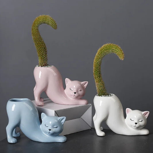 Cartoon Cat Flower Pot Vase Cute Cat Tail Succulent Planting Pot Porcelain Flower Vase Flowerpot Home Decoration Accessories