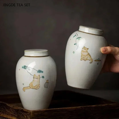 Retro Ru Kiln Ceramics Tea Caddy Cute Cat Pattern Portable Sealed Tea Leaf Containers Travel Tea Bag Storage Box Spice Organizer