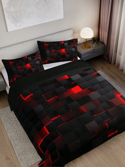 סט סגנון טכנולוגי בסגנון רשת אדומה מערך כיסוי כולל כיסוי שמיכה ו -2 כריות מתאימות לשימוש ביתי ומעונות