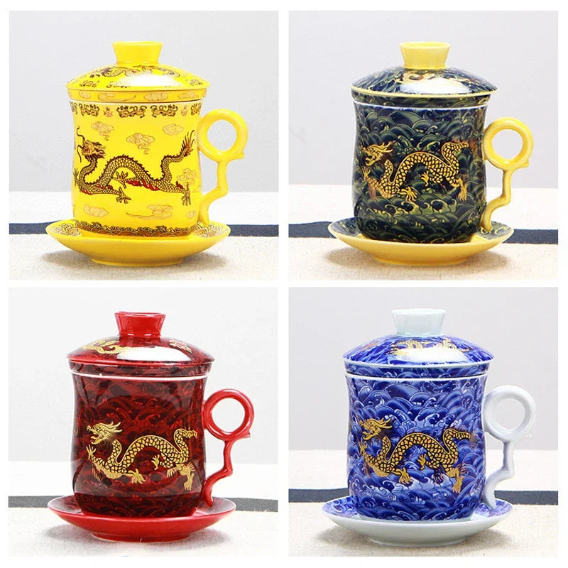 Chinese Dragon Pattern Tea-Mug with Strainer Infuser and Lid and Saucer Ceramic Tea Mug Convenient  Porcelain Personal Tea Cup