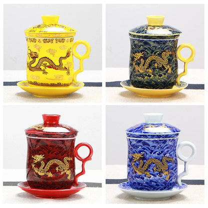 Chinese Dragon Pattern Tea-Mug with Strainer Infuser and Lid and Saucer Ceramic Tea Mug Convenient  Porcelain Personal Tea Cup