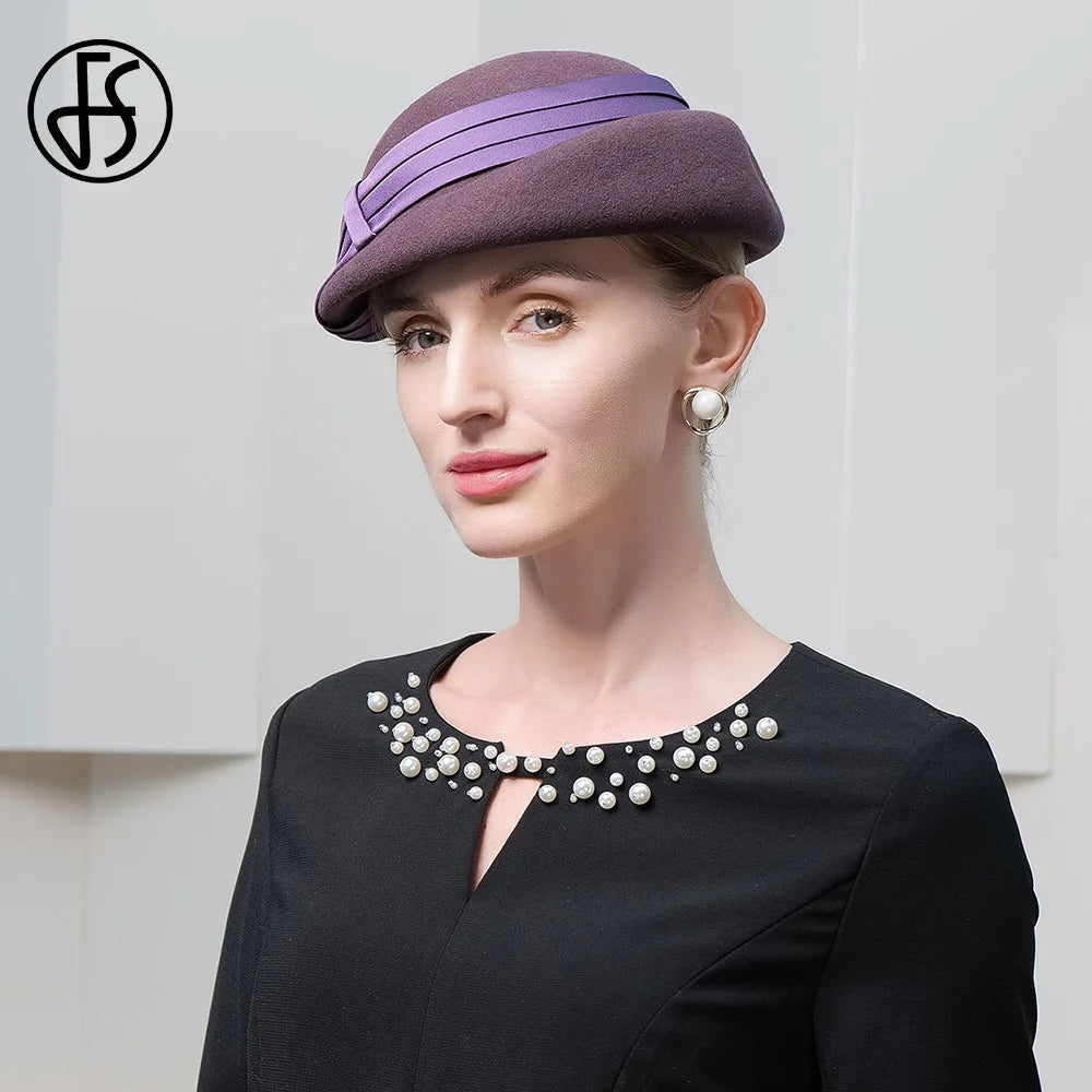 FS Elegantní mlýnská fascinátor Beret Wool Hats pro ženy Svatební kostel Čajový večírek Cap Box Cap Ladies 2023 Fedoras Chapeau Femme