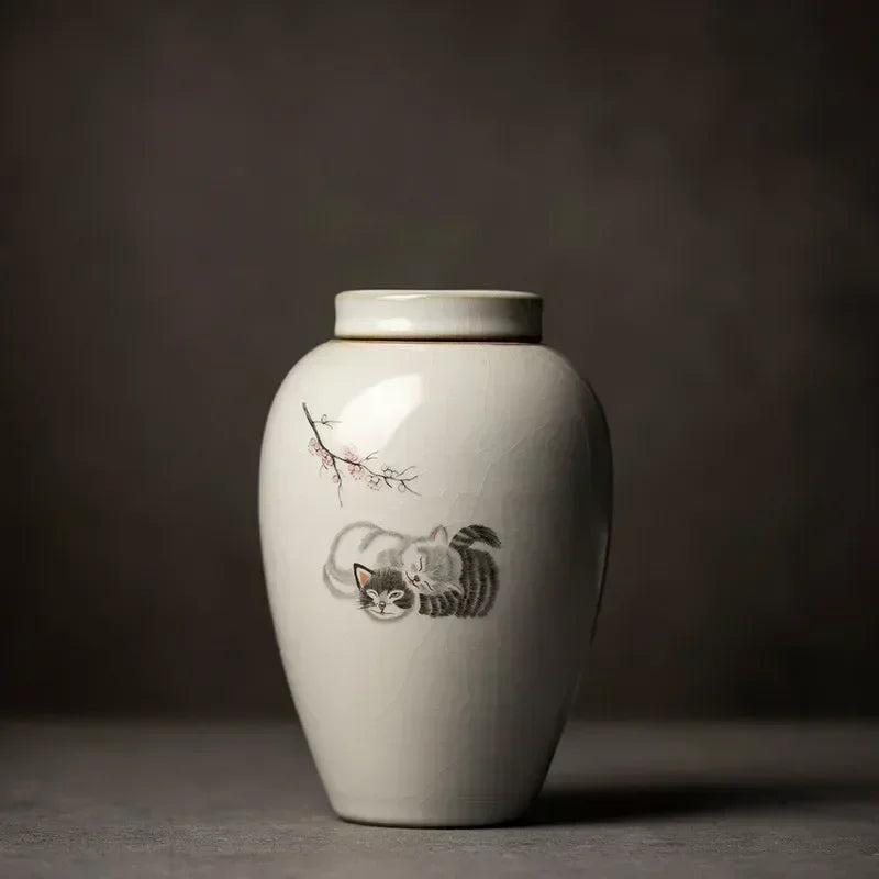 Retro Ru Kiln Ceramics Tea Caddy Cute Cat Pattern Portable Sealed Tea Leaf Containers Travel Tea Bag Storage Box Spice Organizer