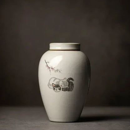 Retro Ru Kiln Ceramics Tea Caddy Cute Cat Pattern Portable Sealed Tea Leaf Containers Travel Tea Bag Storage Box Spice Organizer