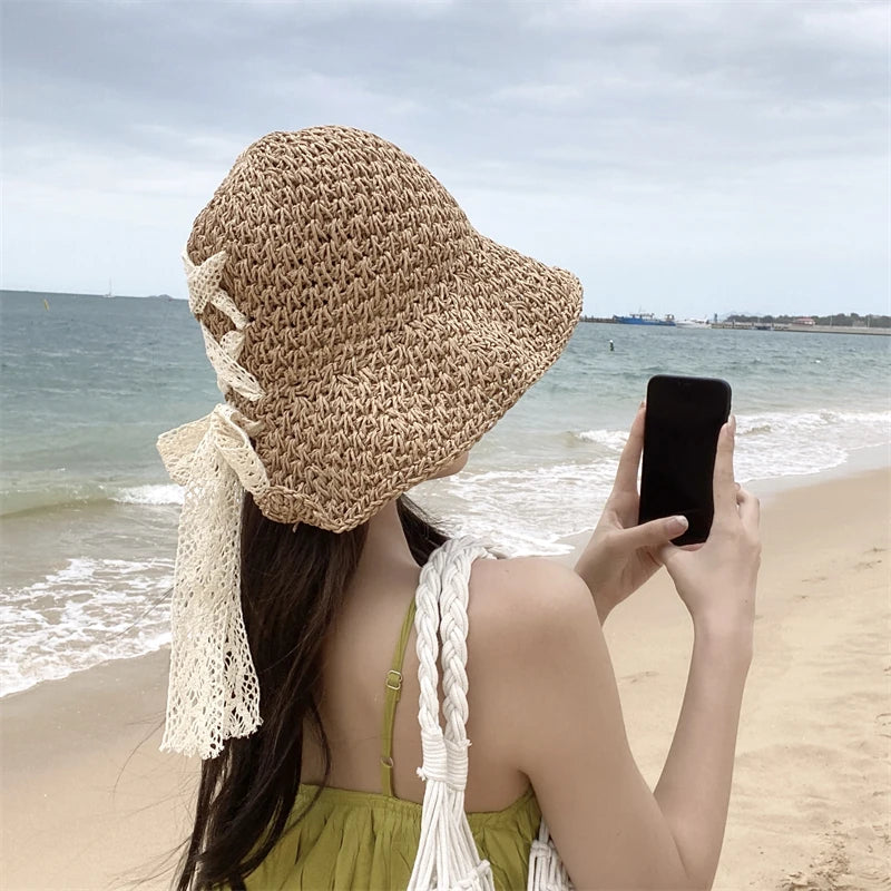 Chapéu de palha feminina Versão coreana da marca Tide tudo no verão japonês estilo fino chapéu de sol renda arco hollowd fora chapéu