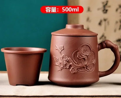 Retro Yixing Dragon Phenix Purple Clay Tea Mug with Lid and Infuser Handmade Ceramic Teacup Office Water Cup Gift Home Drinkware
