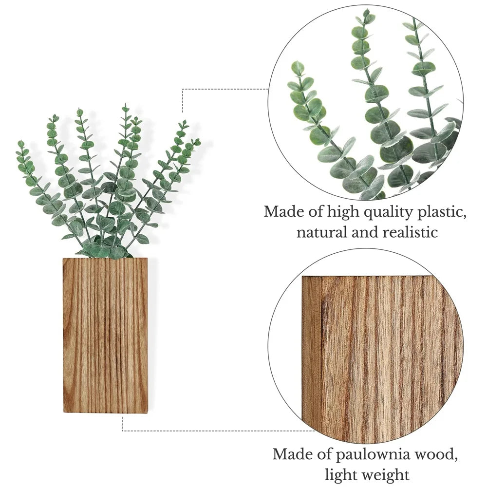 2 Pack Wood Wall Planter Vase with Artificial Eucalyptus Farmhouse Wall Hanging Planter for Dried Flowers in Living Room Bedroom