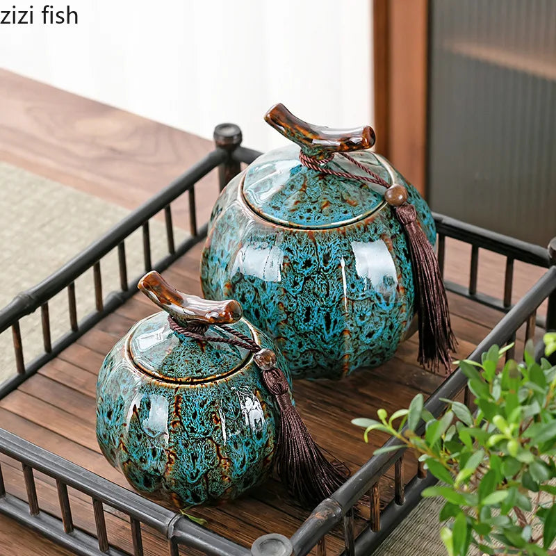 Kiln Change Ceramic Tea Caddy Food Storage Jar Sealed Jars Tea Box Tea Containers Storage Tank Candy Jar Home Organizer Teas Can