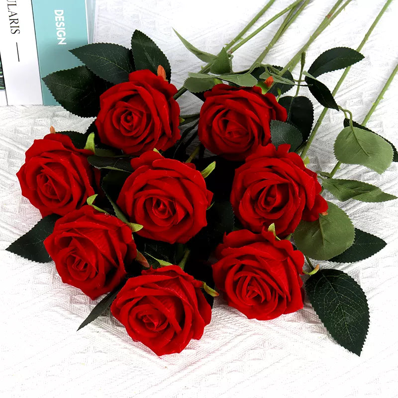 5pcs Kunstige blomster Bouquet Red Velvet Fake Rose Flower For Wedding Home Table Decoration Christmas Valentine's Day Gift