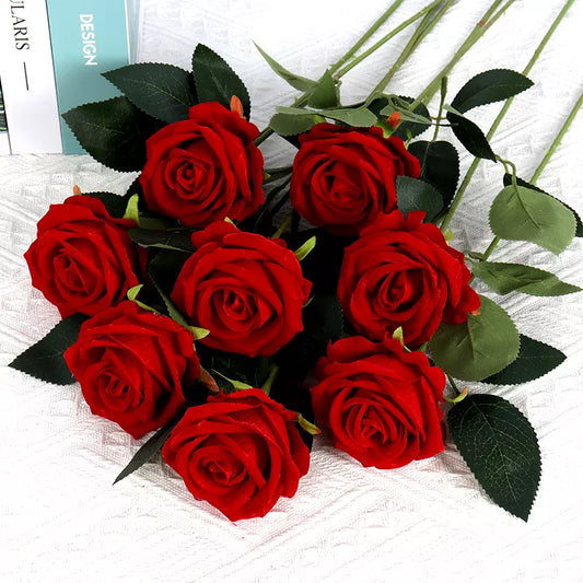 5pcs Flores artificiais Buquê Velvo vermelho flor de rosa falsa para casamento Mesa de casamento Decoração de Natal do dia dos namorados