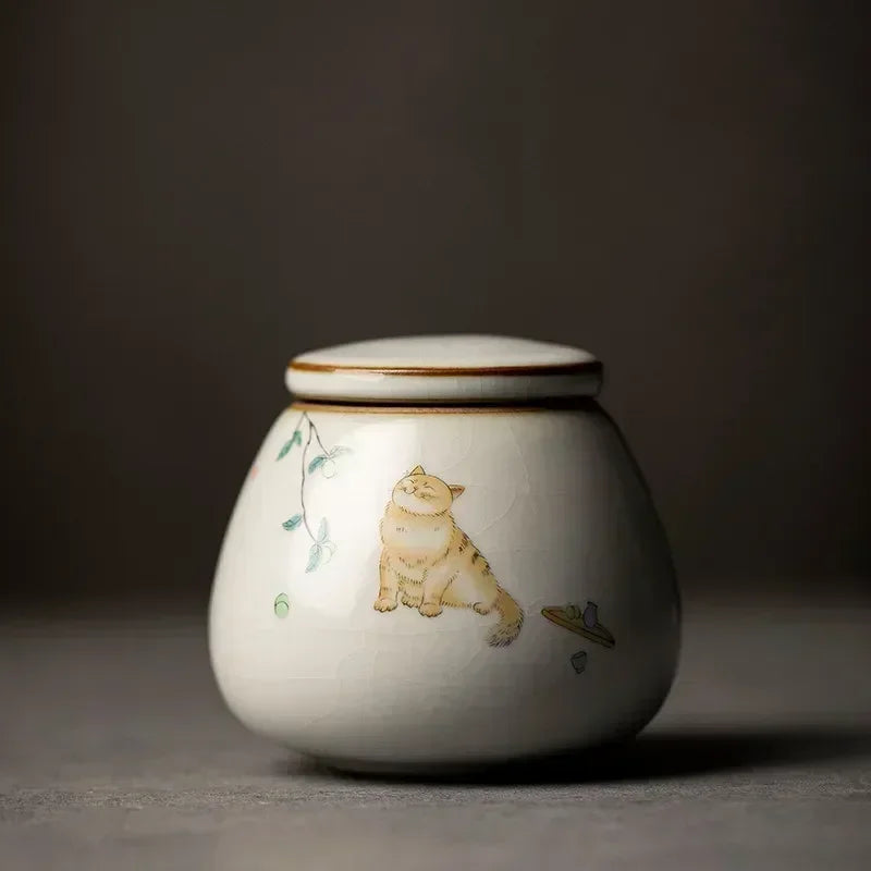 Retro Ru Kiln Ceramics Tea Caddy Cute Cat Pattern Portable Sealed Tea Leaf Containers Travel Tea Bag Storage Box Spice Organizer