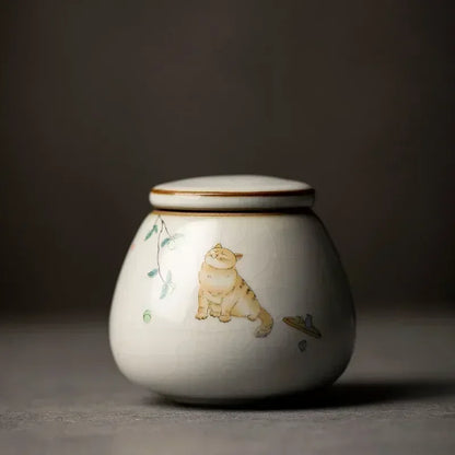 Retro Ru Kiln Ceramics Tea Caddy Cute Cat Pattern Portable Sealed Tea Leaf Containers Travel Tea Bag Storage Box Spice Organizer