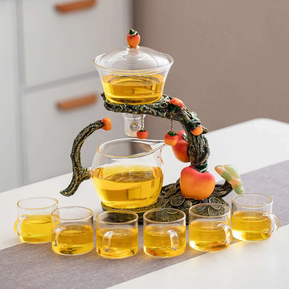 1 Set of Magnetic Lazy Tea Set - Automatic Persimmon Glass Teapot, Tea Cup, Tea Canister, Tea Tray Ideal gift for tea lovers