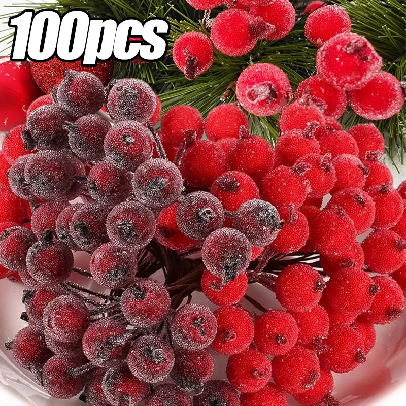 100/20pcs Kunstige Holly Berries Mini Simulation Cherry Stamen Frostet Double Head Fake Berry Wedding Christmas Party Decor