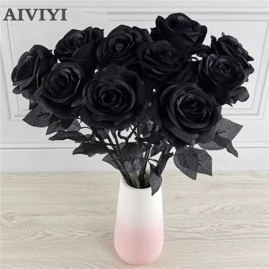 5pcs 8-9cm svilena crna ruža umjetna cvjetna glava buket kuće dnevna soba vjenčanje chritmas dekoracija nova godina ukras