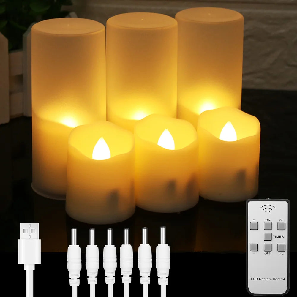 6Pcs/Set Rechargeable LED Candle Timer Remote Flickering Flames Wedding Candles Birthday Decor Tealights USB Charger Candle Lamp