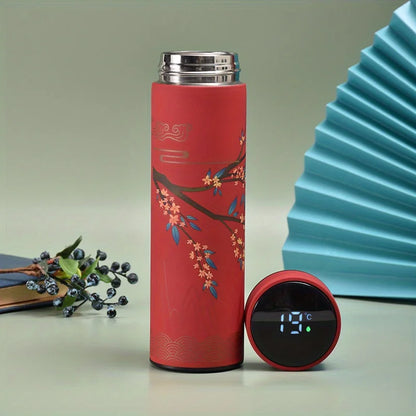 1pc Chinese Style Thermal Water Bottle, Retro Smart Temperature Display Insulated Cup, Stainless Steel Water Cup