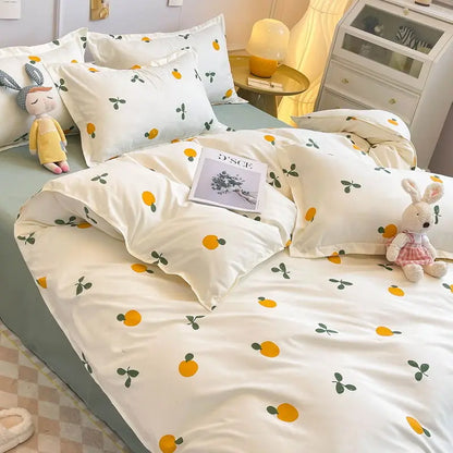 INS Style Duvet Cover Set med fladt plade Pillowcases Cute Orange Cherry Crow Printed Single Double Queen Size Girls Bedding Kit