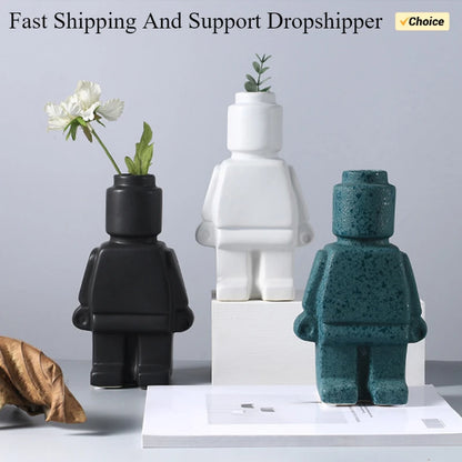 Minifigure Building Blocks Resin Robot Flower Vase Home Decoration Modern Home Interior Office Desk Decoration Pendants ваза 화병