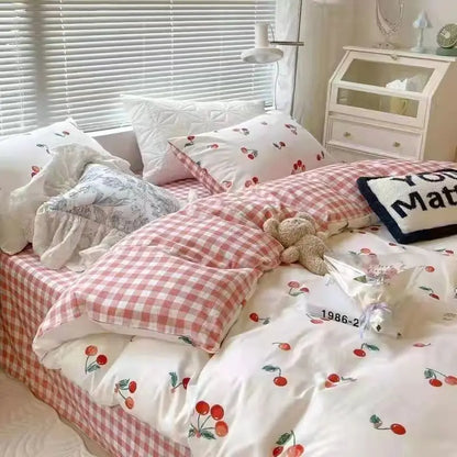 Kawaii Cherry Deksel Set kussensloop Flat Sheet Floral Boys Girls Twin Full Size Soft Bedding Kit Korean Ins Style Home Use