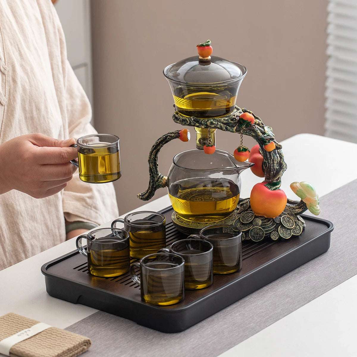 1 Set of Magnetic Lazy Tea Set - Automatic Persimmon Glass Teapot, Tea Cup, Tea Canister, Tea Tray Ideal gift for tea lovers