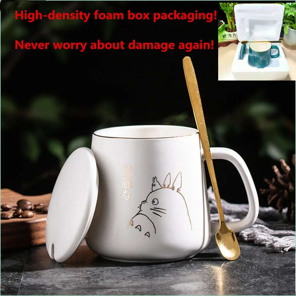 400ml New Product European Style Light Luxury Gold-painted Ceramic Coffee Mug with Lid Spoon Water Cup Cartoon Mug