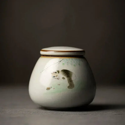 Retro Ru Kiln Ceramics Tea Caddy Cute Cat Pattern Portable Sealed Tea Leaf Containers Travel Tea Bag Storage Box Spice Organizer