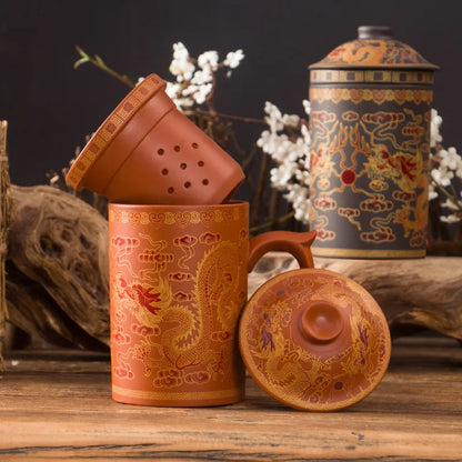 Handmade Dragon Beauty Purple Clay Tea Mug with Lid and Infuser, Ceramic Water Mug, Handmade Drinkware, Office Teacup