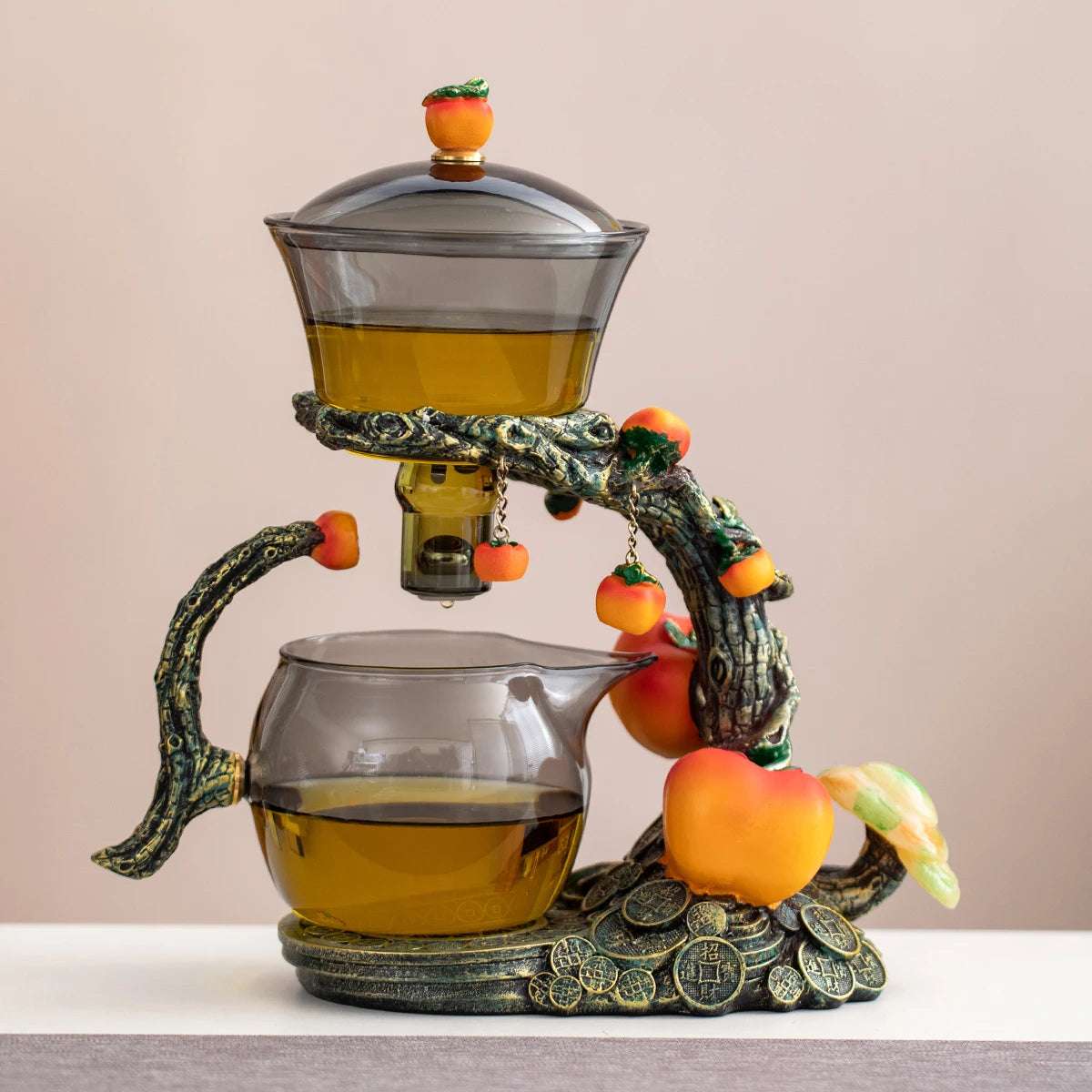 1 Set of Magnetic Lazy Tea Set - Automatic Persimmon Glass Teapot, Tea Cup, Tea Canister, Tea Tray Ideal gift for tea lovers