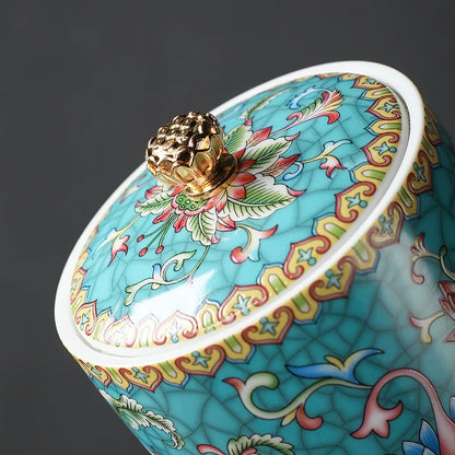 European Style Colored Flower Crown Ceramic Jar with Lid Cylindrical Sealed Tea Pot Porcelain Storage Jar Candle Bottle Decor