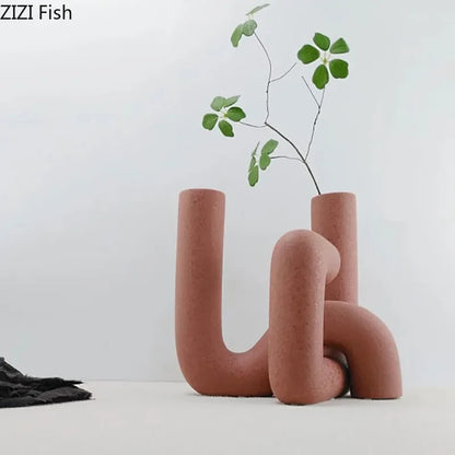 Minimalist Ceramic Vase Pipeline Shape Floral Vases Desk Decoration Frosted Porcelain Flowers Arrangement Modern Home Decor