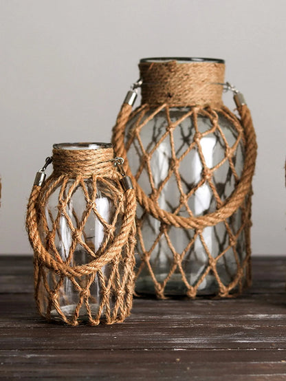Hand Woven Hemp Rope Glass Vase Dry Flower Decor Art Glass Vase Nordic Living Room Table Decoration Bedroom Boho Home Decoration